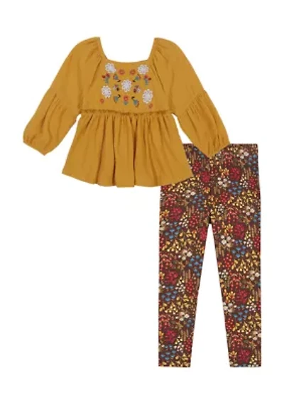 Baby Girls Embroidered Top and Printed Leggings Set