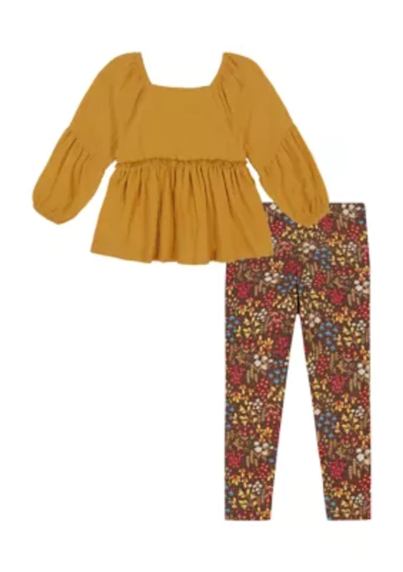 Baby Girls Embroidered Top and Printed Leggings Set