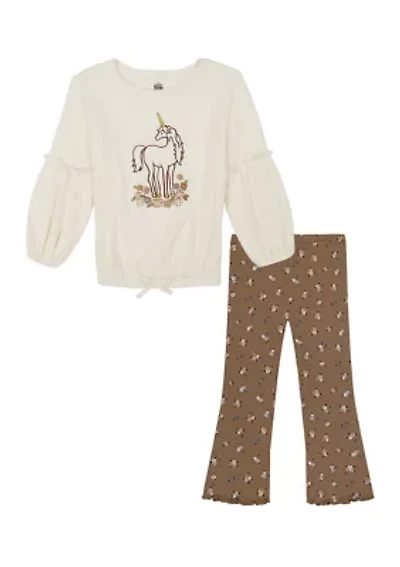 Baby Girls Graphic Top and Printed Flare Leggings Set