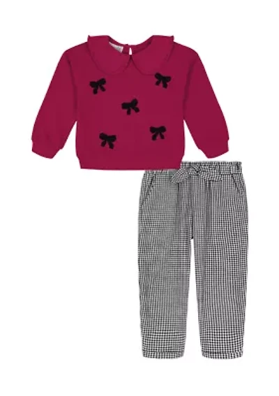 Baby Girls Bow Collared Top and Elastic Pant Set