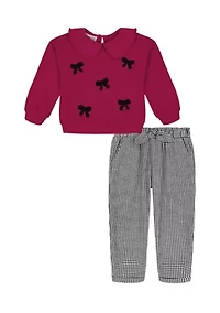 Baby Girls Bow Collared Top and Elastic Pant Set