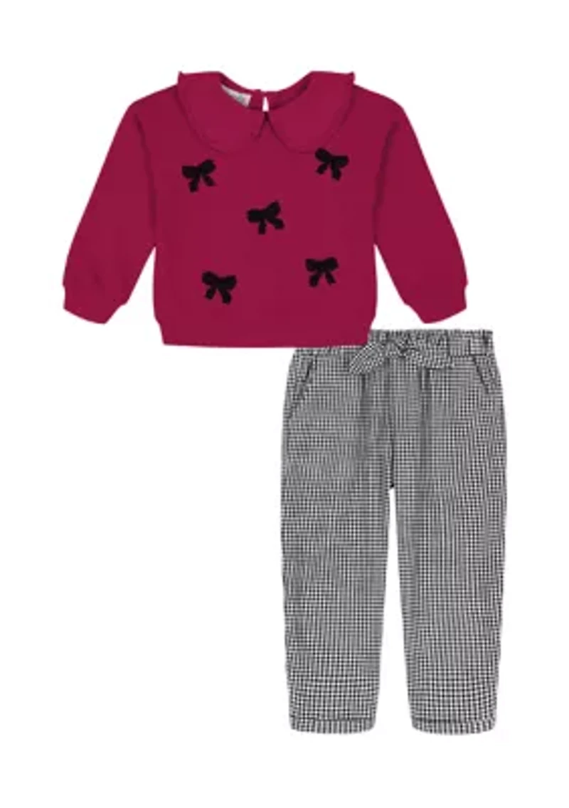 Toddler Girls Bow Collared Top and Elastic Pant Set