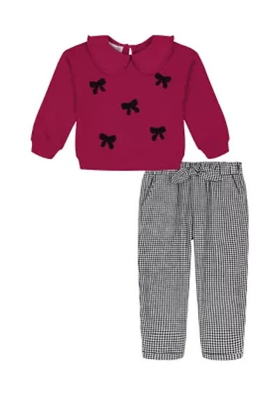 Toddler Girls Bow Collared Top and Elastic Pant Set