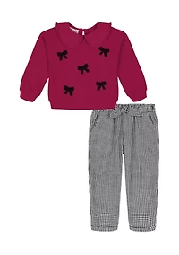 Toddler Girls Bow Collared Top and Elastic Pant Set