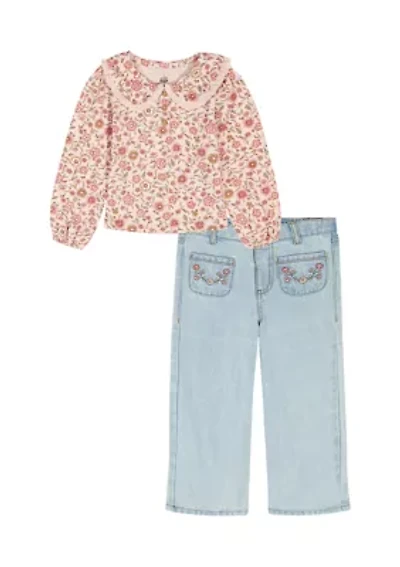 Toddler Girls Knit Top and Two Piece Denim Set