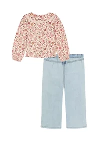 Toddler Girls Knit Top and Two Piece Denim Set