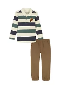 Toddler Boys Long Sleeve Knit Polo Shirt and Woven Pants Set