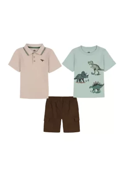 Baby Boys Dinosaur Printed Three Piece Graphic T-Shirt and Shorts Set