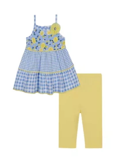 Baby Girls Gingham Printed Floral Appliqué Top and Leggings Set