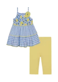 Baby Girls Gingham Printed Floral Appliqué Top and Leggings Set