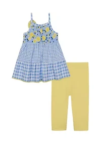 Baby Girls Gingham Printed Floral Appliqué Top and Leggings Set