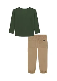 Toddler Boys 2 Piece Thermal Henley Shirt with Twill Jogger Pants