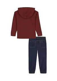 Toddler Boys Knit Hoodie and Denim Pants Set