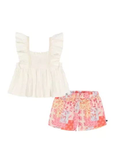 Toddler Girls Short Flutter Sleeve Top and Printed Shorts Set