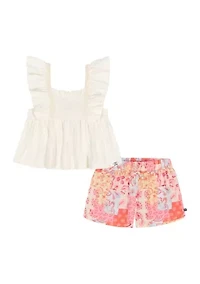 Toddler Girls Short Flutter Sleeve Top and Printed Shorts Set
