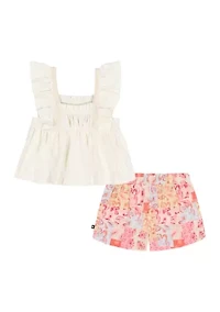 Toddler Girls Short Flutter Sleeve Top and Printed Shorts Set