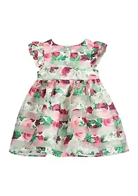 Baby Girls Organza Striped Floral Printed Dress with Diaper Cover