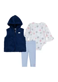 Baby Girls Snowflake Bodysuit, Vest, and Leggings Set