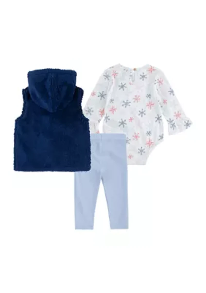 Baby Girls Snowflake Bodysuit, Vest, and Leggings Set
