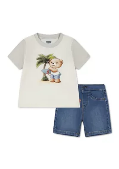 Baby Boys Bear Graphic and Denim Shorts Set