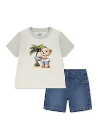 Baby Boys Bear Graphic and Denim Shorts Set