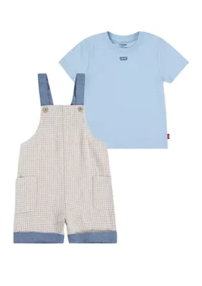 Toddler Boys Gingham Printed Shortall and Graphic T-Shirt Set