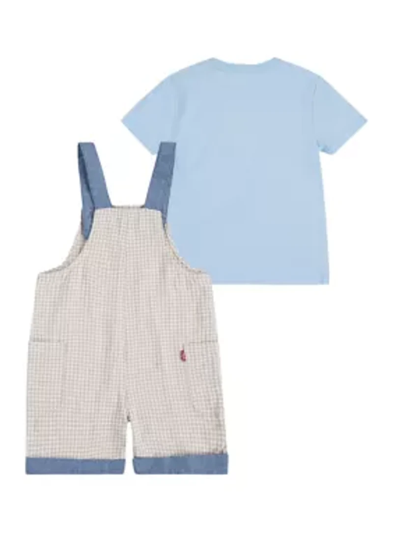 Toddler Boys Gingham Printed Shortall and Graphic T-Shirt Set