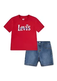 Toddler Boys Graphic Logo Shirt and Denim Shorts Set