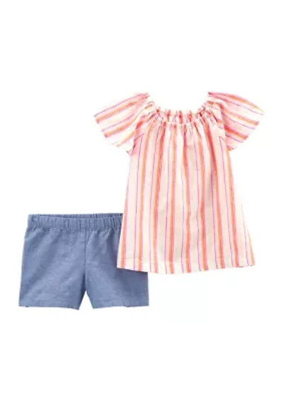 Baby Girls 2 Piece Striped Top and Chambray Shorts Set
