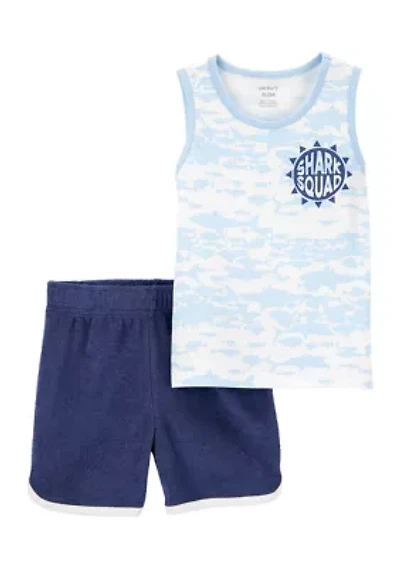 Baby Boys Sleeveless Fish Printed Jersey Shirt and Shorts Set