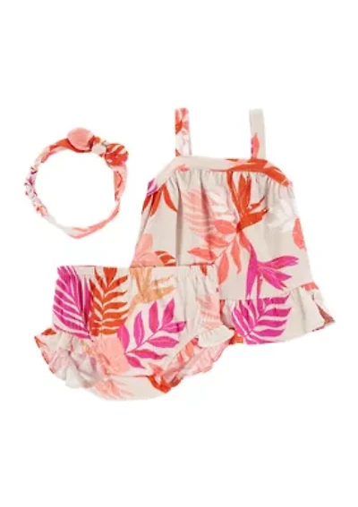 Baby Girls Printed Three Piece Top and Shorts Set with Headwrap