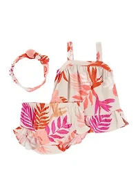 Baby Girls Printed Three Piece Top and Shorts Set with Headwrap
