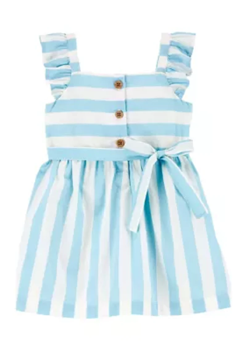 Baby Girls Flutter Sleeve Ruffle Poplin Stripe Dress