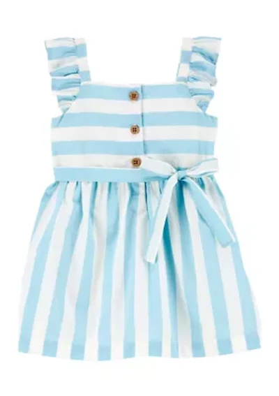 Baby Girls Flutter Sleeve Ruffle Poplin Stripe Dress