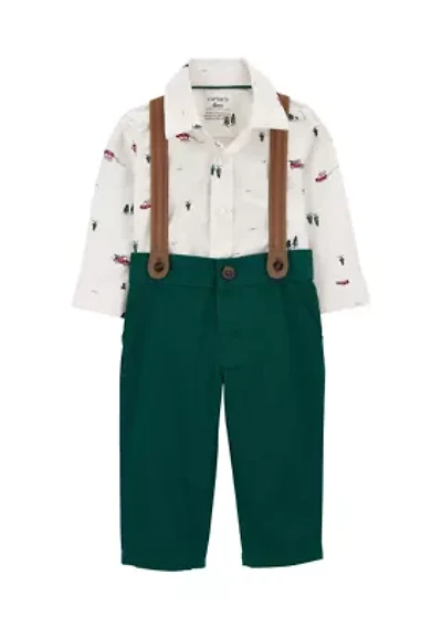 Baby Boys Printed Shirt and Pants Set with Suspenders