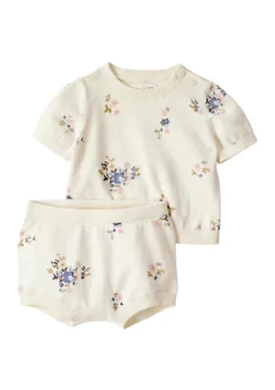 Baby Girls Printed Sweater Knit Top and Bubble Shorts Set