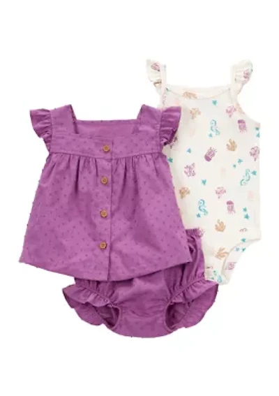 Baby Girls Three Piece Bodysuit and Diaper Cover Set