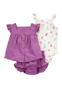 Baby Girls Three Piece Bodysuit and Diaper Cover Set