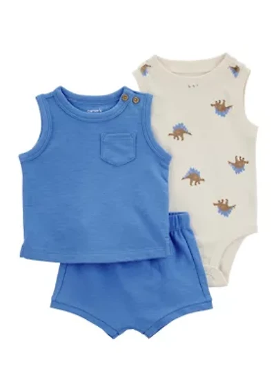 Baby Boys Three Piece Dinosaur Printed Bodysuit Set