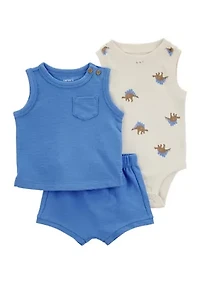 Baby Boys Three Piece Dinosaur Printed Bodysuit Set