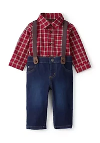 Baby Boys Plaid Shirt and Suspenders Pants Set