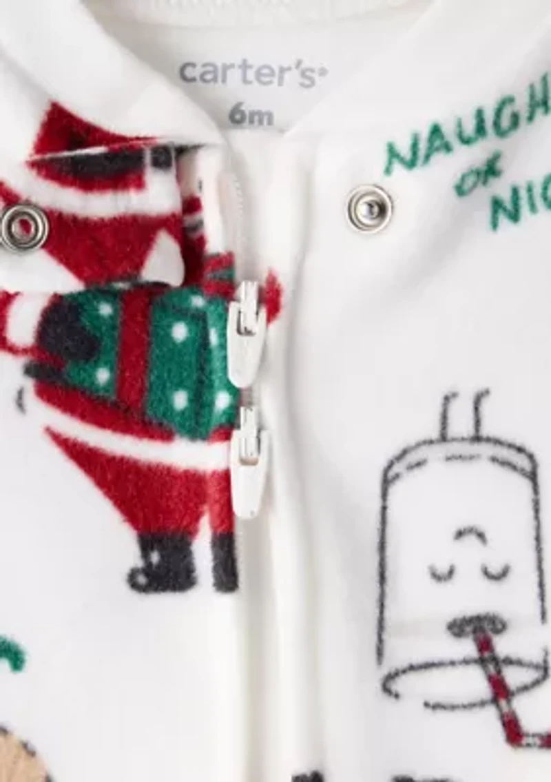 Baby Girls Santa Printed Loose Fit Fleece Footie Pajamas