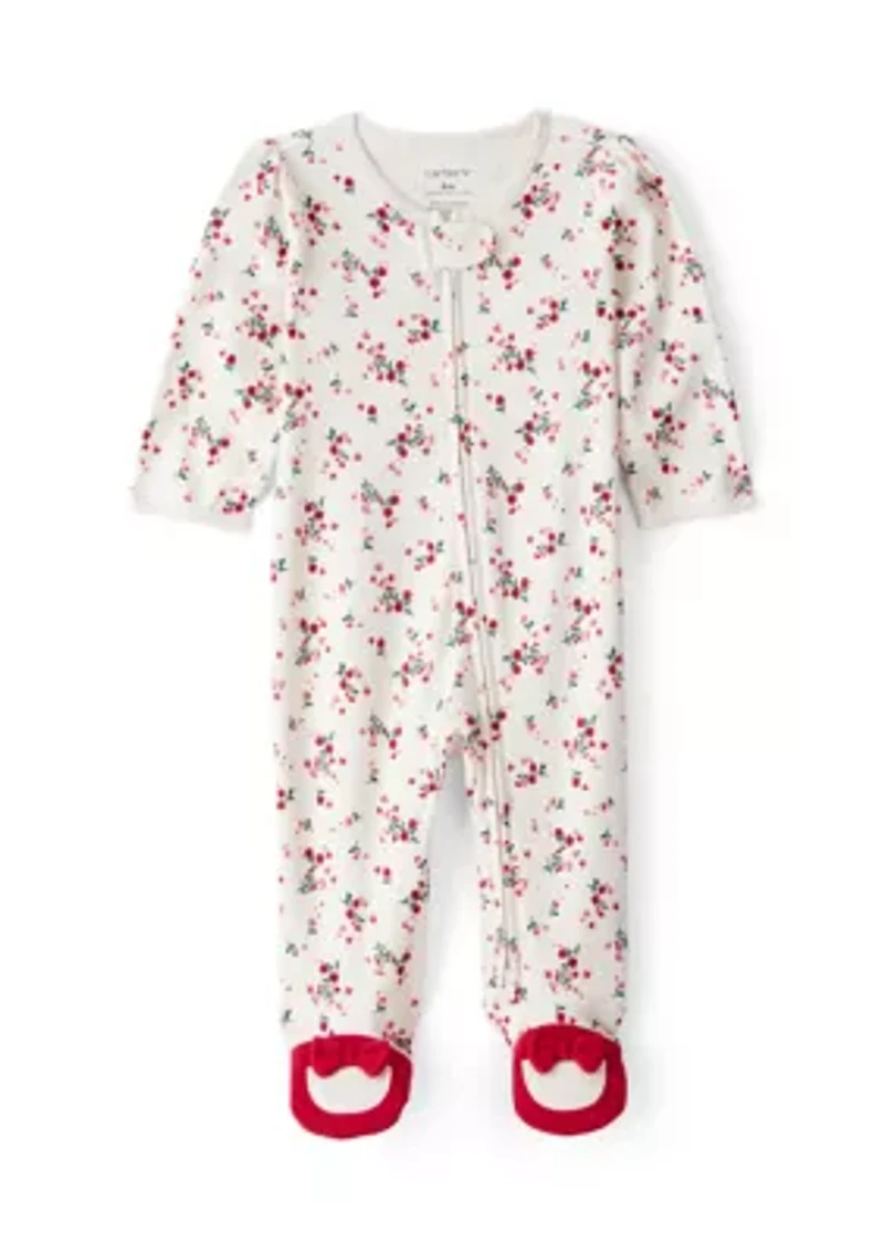 Baby Girls Bow Floral Printed Footie Pajamas