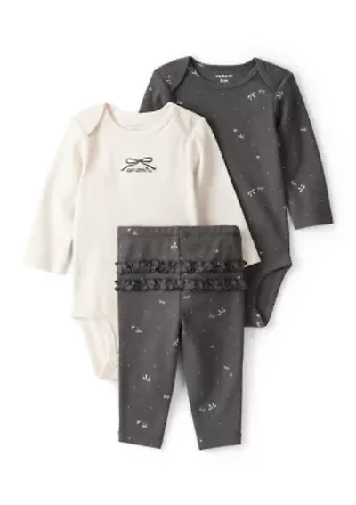 Baby Girls Three Piece Bodysuit and Ruffle Pants Set