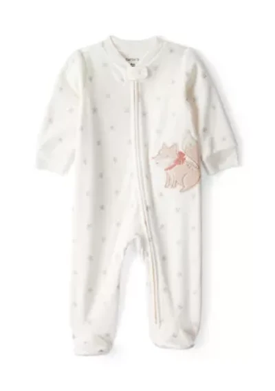 Baby Girls Microfleece Fox Sparkle Printed Footie Pajamas