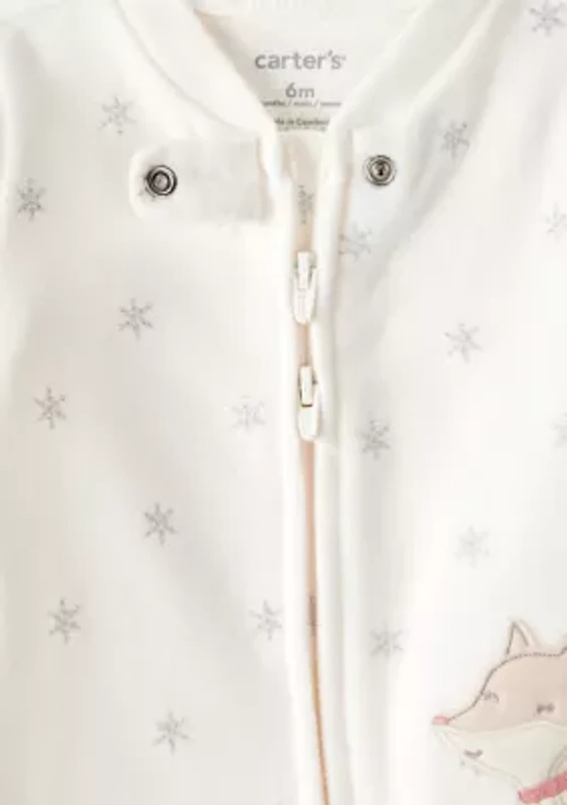 Baby Girls Microfleece Fox Sparkle Printed Footie Pajamas