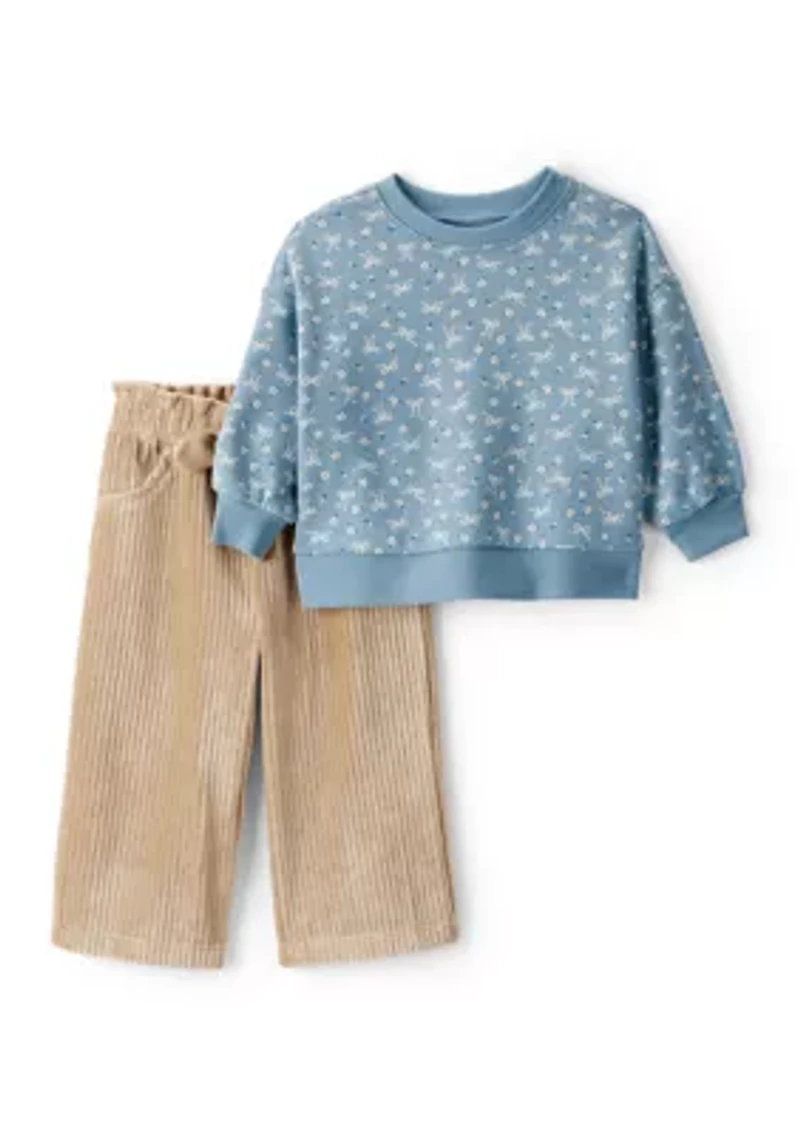 Baby Girls Long Sleeve Crew Neck Top and Wide Leg Corduroy Pants Set