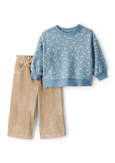 Baby Girls Long Sleeve Crew Neck Top and Wide Leg Corduroy Pants Set