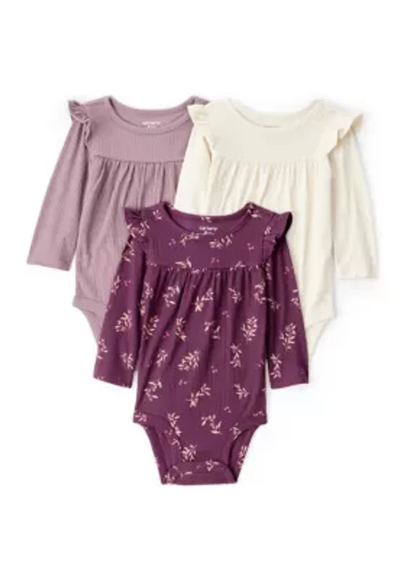 From sleepy mornings to messy midday snacks, this 3-pack keeps your baby comfy and ready for it all. with sweet flutter sleeves soft fabrics, these bodysuits mix everyday function an elevated look you’ll actually want them wear out of the house. Pair leggings, joggers or go solo on warmer days-these are anything.