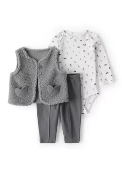 This 3-piece set does the layering for you-no styling degree required. With a soft cotton bodysuit, cozy boucle vest, and easy pull-on pants, it’s built everyday adventures spontaneous photo ops. heart pockets on vest dial up charm without trying too hard, while sweet floral print adds pop under all that grey. One outfit, lots of ways to wear.